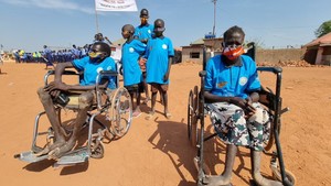 Children celebrate the International Day of Persons with Disabilities in Warrap State, South Sudan. Photo credit: ECW/Morrison Owiro/2021