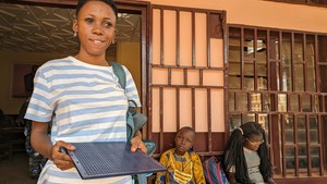 Girl in front of a school in CAR