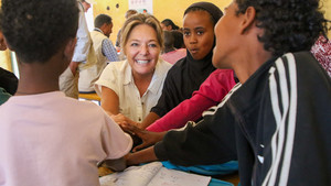 Yasmine Sherif with children at a school in Ethiopia