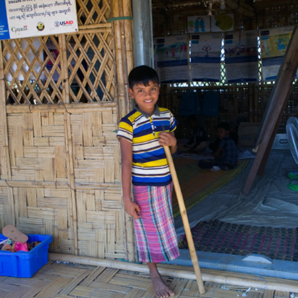 Boy outside classroom