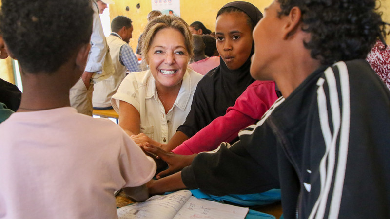 Yasmine Sherif with children at a school in Ethiopia
