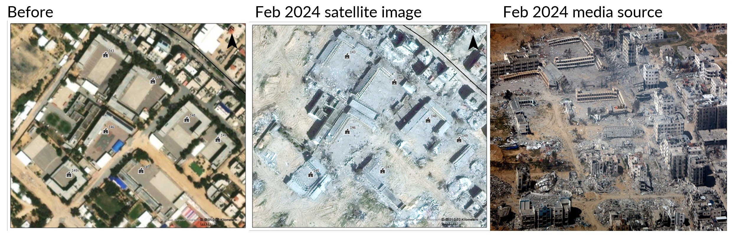 Before and after map of damaged areas in Gaza