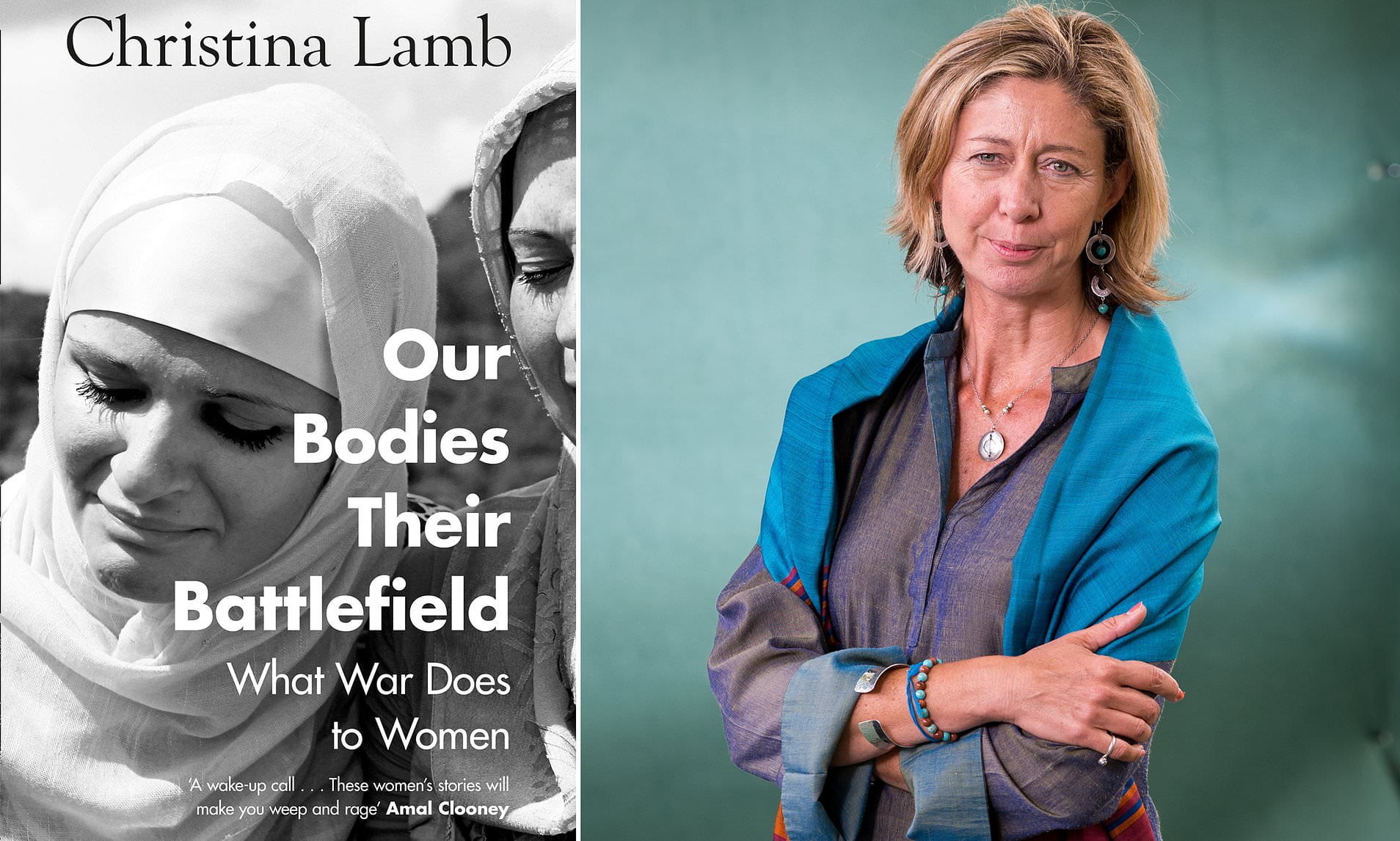 Portrait of Christina Lamb and cover of her book "Our Bodies Their Battlefield"