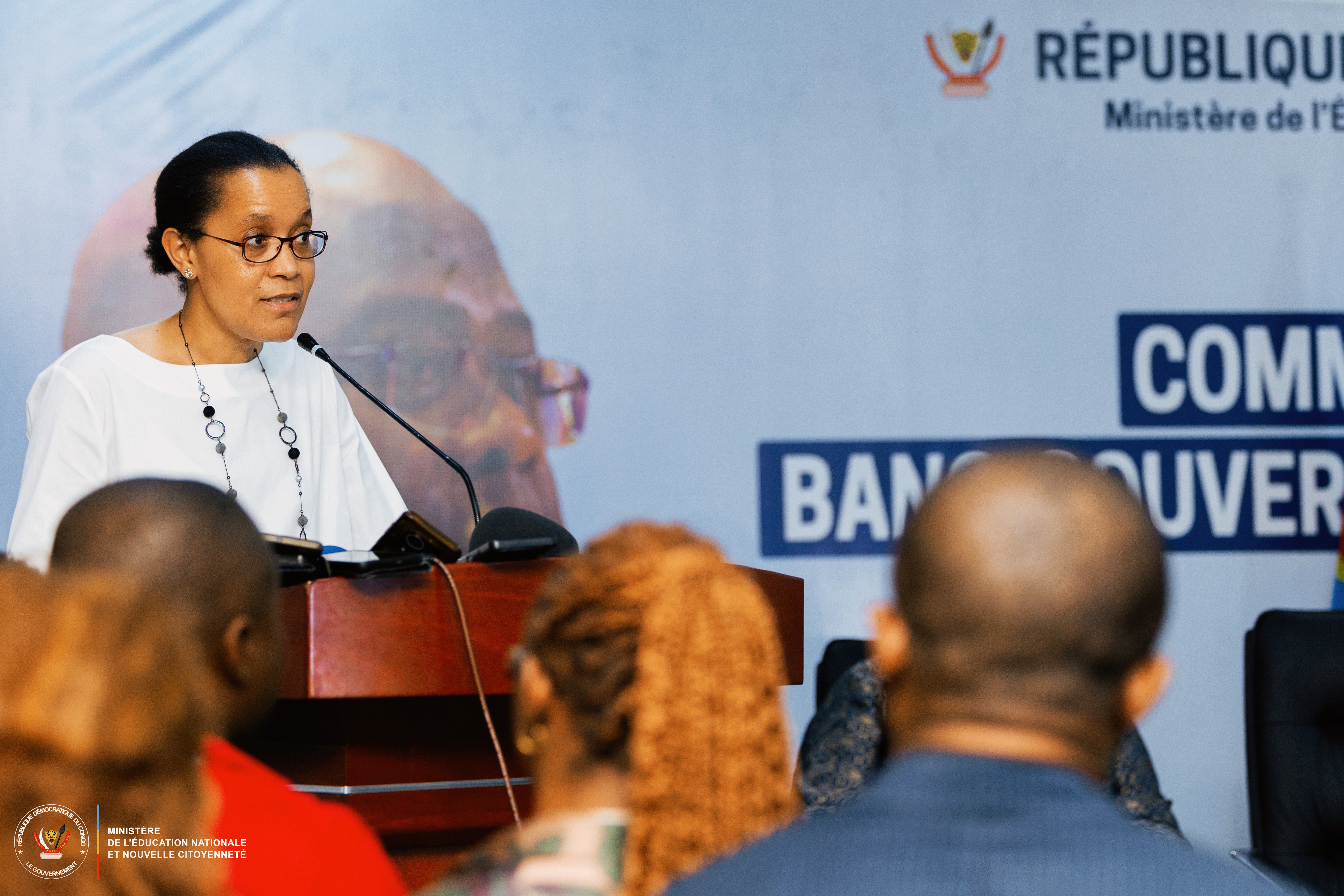 Raïssa Malu is Minister of State, Minister of National Education and New Citizenship for the DRC speaking at an event